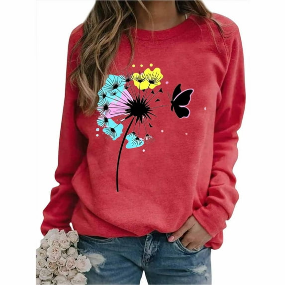 successthop Oversized Sweatshirt for Women Floral Crewneck Long Sleeve Top Stylish Pullover Sweater Printed Streetwear L