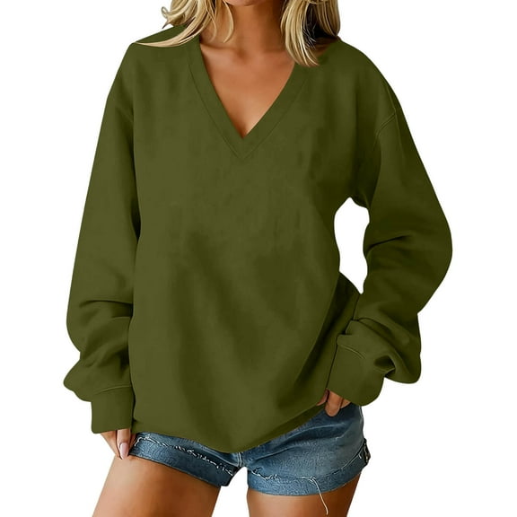 successthop Oversized Sweatshirt for Women V Neck Long Sleeve Sweatshirts No Hood Pullover Sweater Solid Fall Outwear