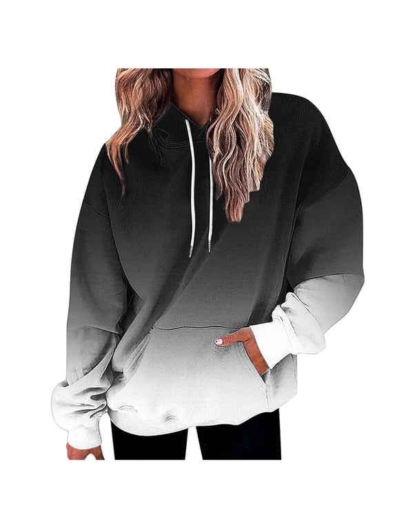 Oversized Weighted Hoodie for Women Long Sleeve Hoodie Drawstring Top Gradient Streetwear with Pockets Black