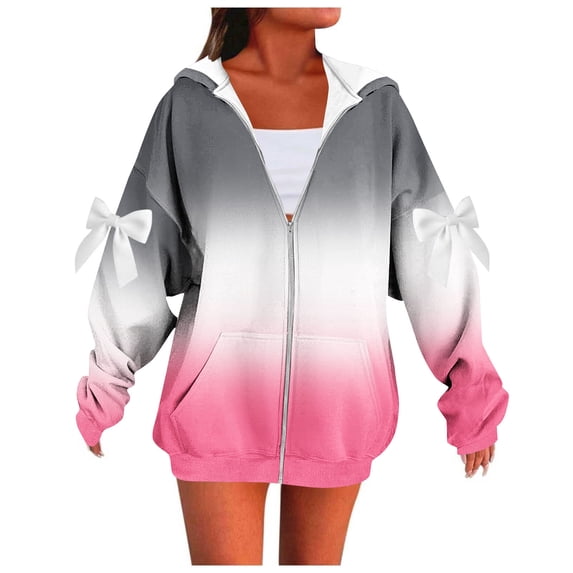 successthop Oversized Zip Up Hoodie for Women Long Sleeve Hooded Sweatshirt Bow Gradient Top Fall Streetwear with Pocket