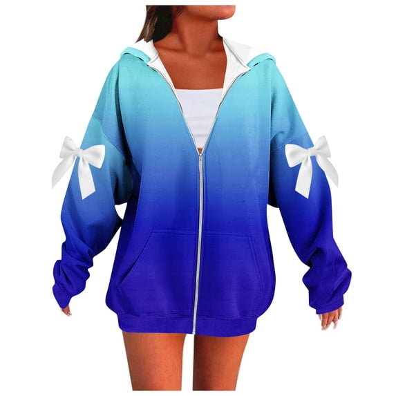 successthop Oversized Zip Up Hoodie for Women Long Sleeve Hooded Sweatshirt Bow Gradient Top Fall Streetwear with Pocket