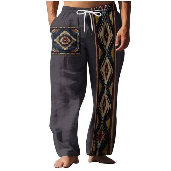successthop Pajama Pant Men Vintage Printed Plus Size Wide Leg Pants with Pockets Elastic Trousers Drawstring Loungewear