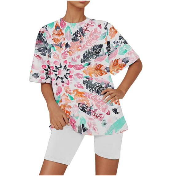 successthop Pajama Set Women Shorts Lightweight Plus Size Floral Short Sleeve T-Shirt 2 Piece Shorts Loungewear M Multicolor