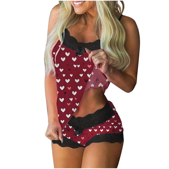 successthop Pajama Short Sets for Women 2 Piece Heart Lace Valentine Sleeveless Tank Tops and Shorts Sleepwear Red XL