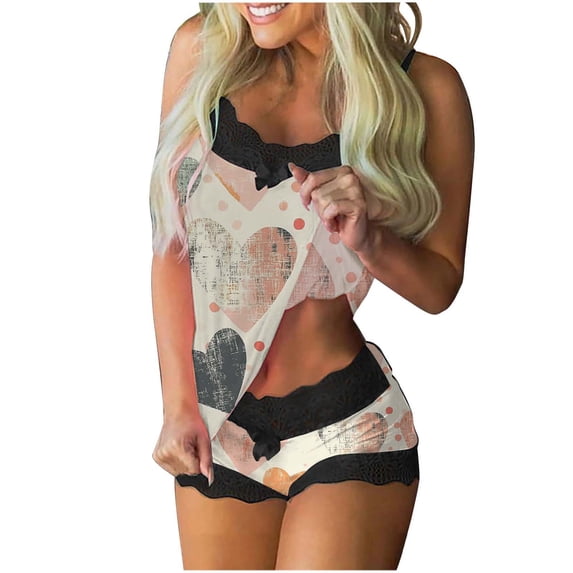 successthop Pajama Short Sets for Women Tank Top Heart Lace Valentine Sleeveless Sleepwear and Summer Shorts Homewear L