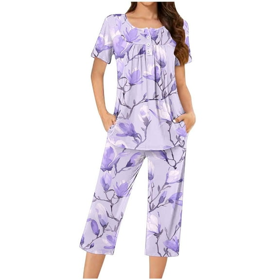 successthop Pajamas for Women Plus Size Purple Lightweight Floral Short Sleeve Button 2 Piece Capri Loungewear 3XL