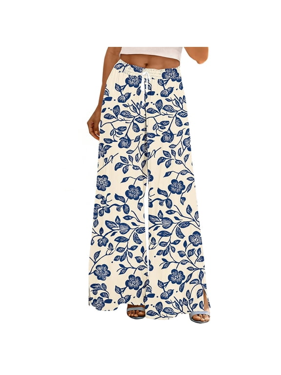 Palazzo Pants for Women Boho Elastic Waist Drawstring Wide Leg Trousers Plus Size Oversized Holiday Clothes