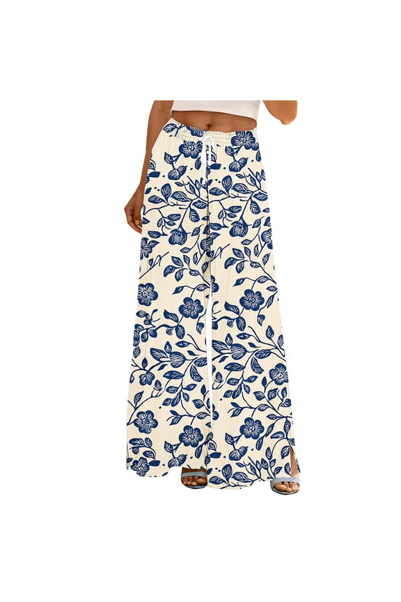 Palazzo Pants for Women Boho Elastic Waist Drawstring Wide Leg Trousers Plus Size Oversized Holiday Clothes
