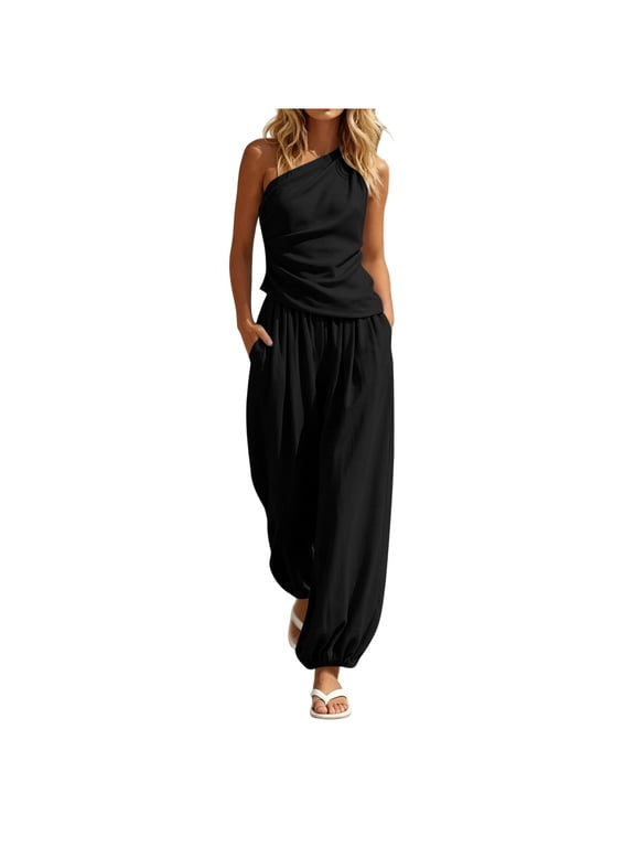 Pantsuits for Women Dressy Wedding Guest Two Piece One Shoulder Top Harem Pant Business Clothes with Pockets