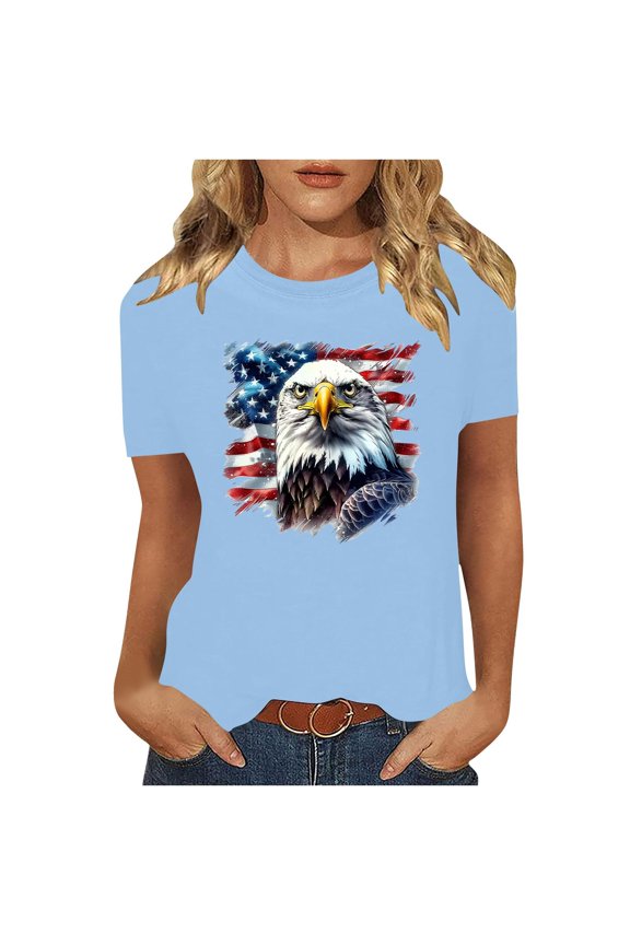 Patriotic Shirts for Women Bird Plus Size USA Birthday T Shirts Holiday Tops Crewneck Short Sleeve Clothes