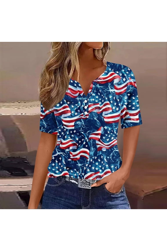 Patriotic Shirts for Women Flags Plus Size USA Birthday T Shirt Holiday Top V Neck 3/4 Sleeve Clothes 2XL