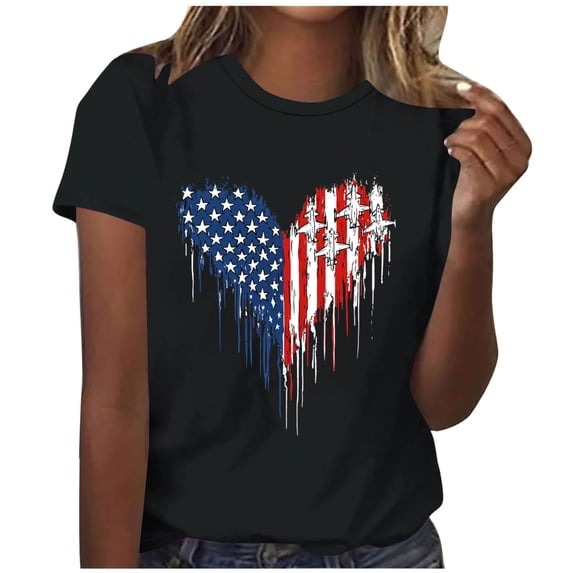 successthop Patriotic Shirts for Women Heart Flags Patriotic T Shirts Holiday Tops Crewneck Short Sleeve Outfits Black