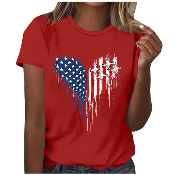 successthop Patriotic Shirts for Women Heart Flags Patriotic T Shirts Holiday Tops Crewneck Short Sleeve Outfits Red XL