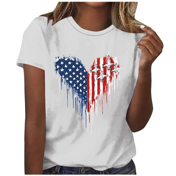 successthop Patriotic Shirts for Women Heart Flags Patriotic T Shirts Holiday Tops Crewneck Short Sleeve Outfits White