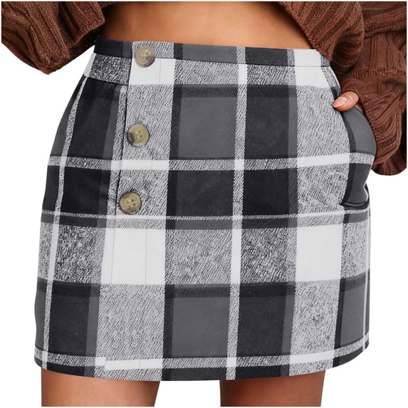 successthop Plaid Skirts for Women Button up Elastic Waist Mini Skirt with Pocket Ladies Casual Summer Clothes Gray L