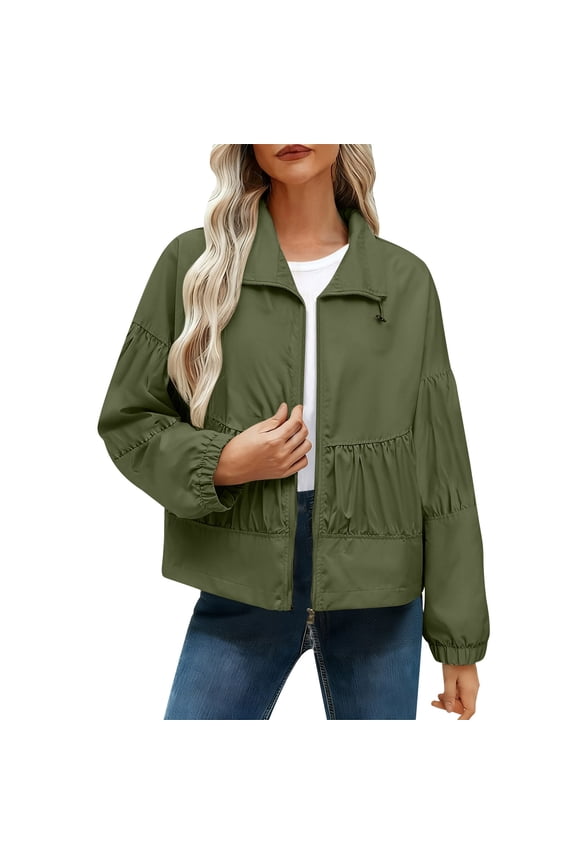 Pleated Jacket for Women Two Side Fleece Coat Long Sleeve Zip Up Lapel Outwear Lightweight Solid Streetwear