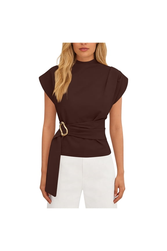 Pleated Tank Tops for Women Dressy Crewneck Shirt Adjustable Side Straps Blouse Summer Short Sleeve Tops S