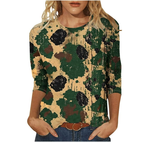 successthop Plus Size Blouses for Women 3/4 Sleeve Top Lightweight Baggy Crewneck Trendy African Print Pullover Shirt