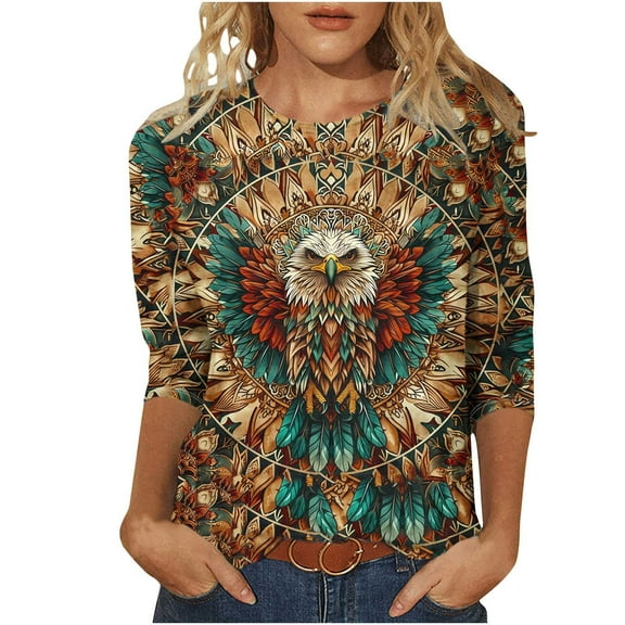 successthop Plus Size Blouses for Women 3/4 Sleeve Top Lightweight Oversized Crewneck African Print Casual Clothes