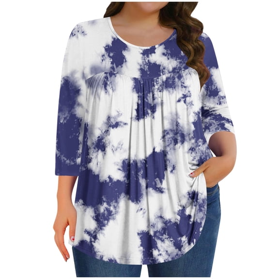 successthop Plus Size Blouses for Women 3/4 Sleeve Tunic Top Crewneck Curved Hem Casual Clothes Sky Loungewear