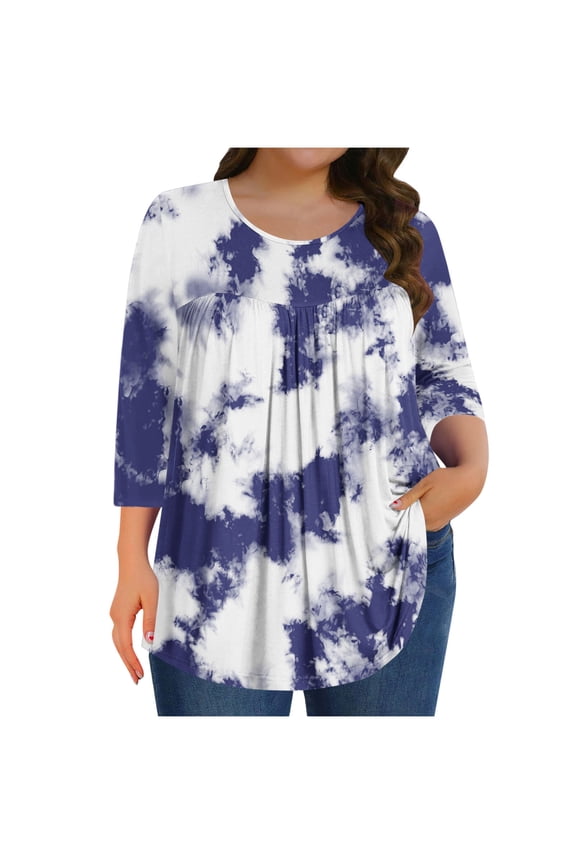 Plus Size Blouses for Women 3/4 Sleeve Tunic Top Crewneck Curved Hem Casual Clothes Sky Loungewear