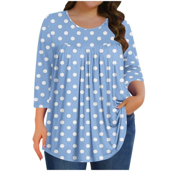 successthop Plus Size Blouses for Women 3/4 Sleeve Tunic Top Crewneck Curved Hem Shirt Polka Dots Shirts Loungewear