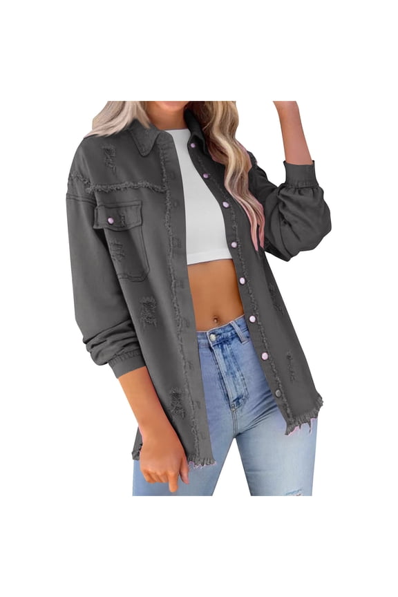 Plus Size Denim Jackets for Women Ripped Long Sleeve Jacket Button Up Streetwear Fall Outwear with Pockets M