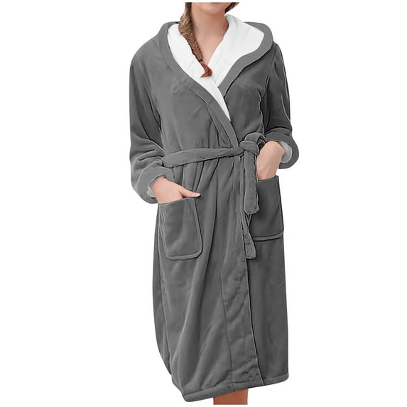 successthop Plus Size Flannel Robe Long for Women Fuzzy Long Sleepwear Hooded Color Block Bathrobe with Pockets Gray 2XL