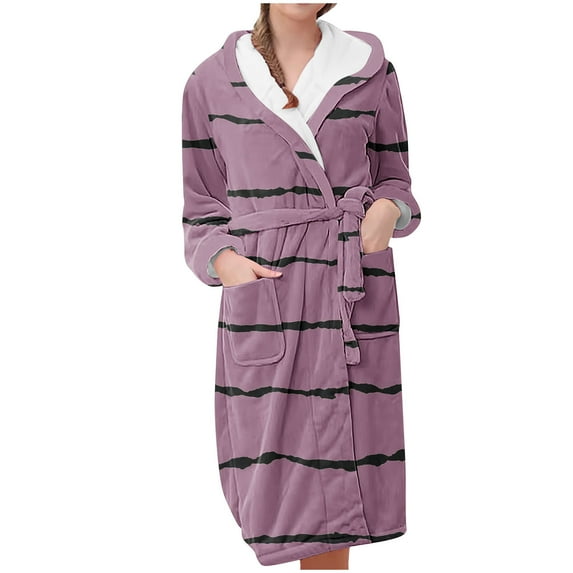 successthop Plus Size Flannel Robe Long for Women Fuzzy Long Sleepwear Hooded Color Block Bathrobe with Pockets Pink 2XL