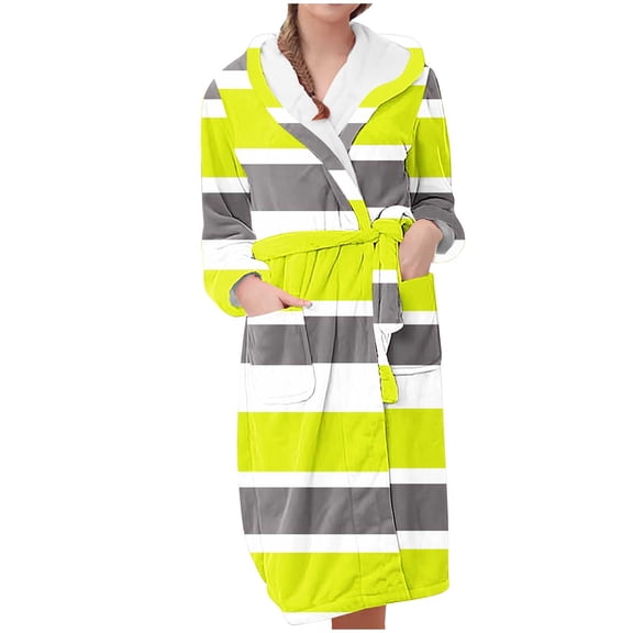 successthop Plus Size Flannel Robe Long for Women Fuzzy Soft Belted Long Sleepwear Stripe Bathrobe with Pockets Green