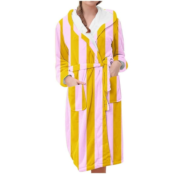 successthop Plus Size Flannel Robe Long for Women Fuzzy Soft Belted Long Sleepwear Stripe Bathrobe with Pockets Orange