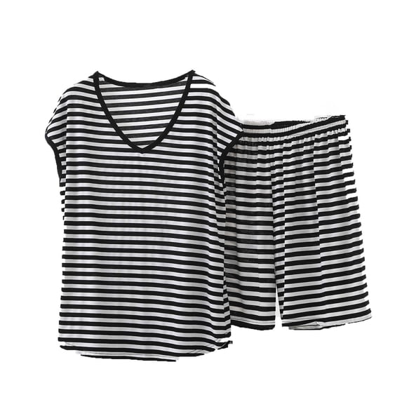 successthop Plus Size Lounge Sets for Women V Neck Sweat Suit 2 Piece Short Set Stripe Matching Vacation Outfits Gray S