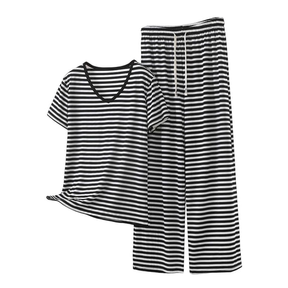 successthop Plus Size Lounge Sets for Women V Neck Sweat Suit Two Piece Short Sleeve Sweatsuit Stripe Matching Outfits S
