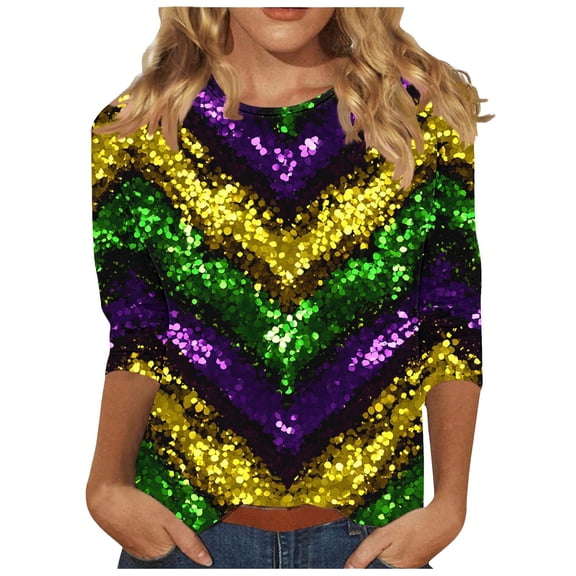 successthop Plus Size Mardi Gras Clothing for Women Casual Oversized Crewneck Blouse 3/4 Sleeve Outfits Festival Shirt