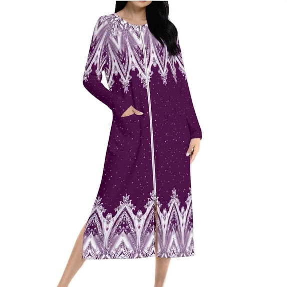 successthop Plus Size Nightgowns for Women with Pockets Long Sleeve Robe Zip Up Sleep Dress Floral Fall Loungewear XL