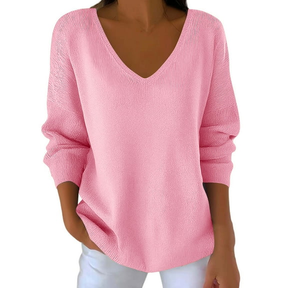 successthop Plus Size Oversized Sweaters Long Sleeve Top Baggy V Neck Trendy Pullover Outwear Solid Casual Clothes Pink