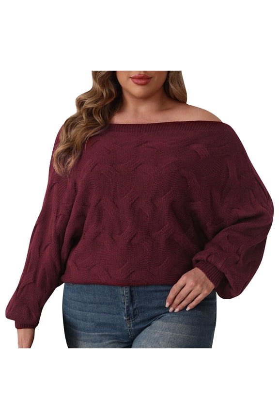 Plus Size Oversized Sweaters Women Cable Knit Off Shoulder Long Sleeve Tops Loose Ribbed Cuff Solid Knitwear