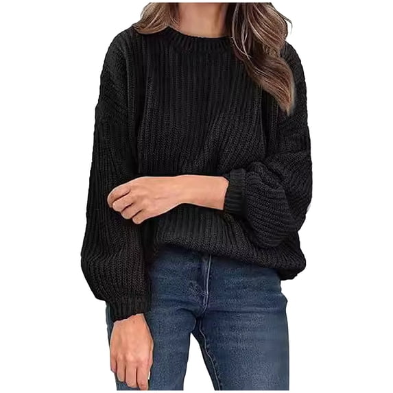 successthop Plus Size Oversized Sweaters Women Ribbed Long Bell Sleeve Outwear Loose Crewneck Pullover Top Solid Clothes
