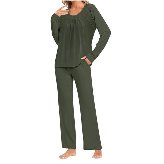 successthop Plus Size Pajama Sets Long Sleeve Army Green Lightweight Solid Shirt with Pockets 2 Piece Long Pants Loungewear L