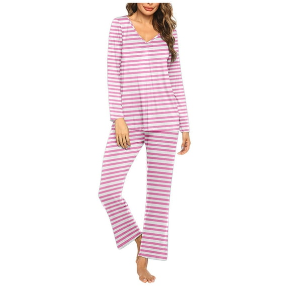 successthop Plus Size Pajama Sets Long Sleeve Pink Lightweight Striped Shirt 2 Piece Long Pants Loungewear M