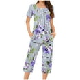 thumbnail image 1 of successthop Plus Size Pajama Sets Purple Lightweight Floral Short Sleeve Button 2 Piece Capri Loungewear 3XL, 1 of 5