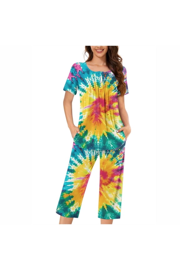 Plus Size Pajama Sets Yellow Lightweight Tie-Dye Short Sleeve with Pockets Button 2 Piece Capri Loungewear L