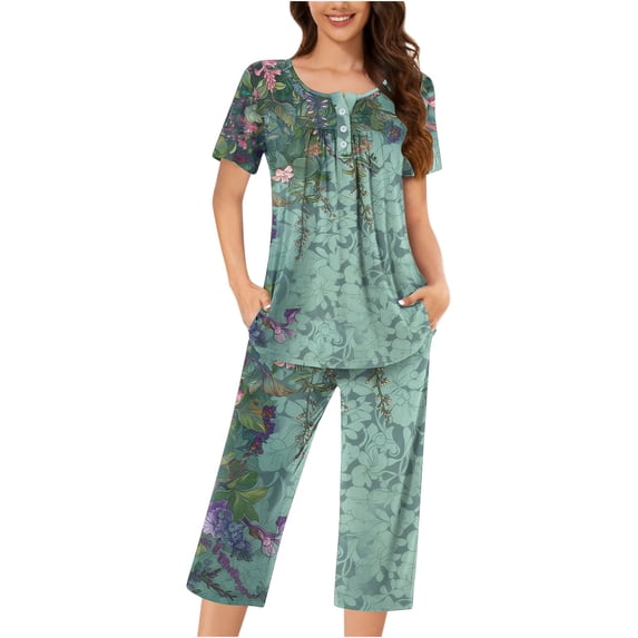successthop Plus Size Pajama Sets for Women Army Green Lightweight Floral Short Sleeve with Pockets Button 2 Piece Capri Loungewear XL