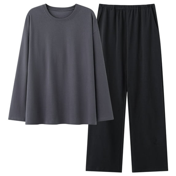 successthop Plus Size Pajamas for Women Men Long Sleeve Crew Neck with Pant Color Block 2 Pieces with Pockets Loungewear