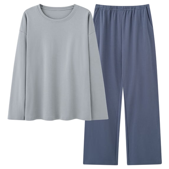 successthop Plus Size Pajamas for Women Men Long Sleeve Crew Neck with Pant Color Block 2 Pieces with Pockets Loungewear