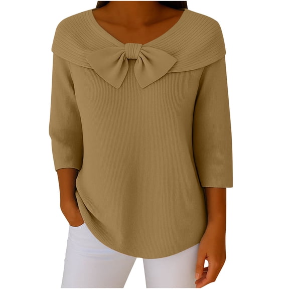 successthop Plus Size Sweaters for Women Loose Bow Crewneck Tunic Tops Long Sleeve Pullover Knitwear Solid Clothes Brown