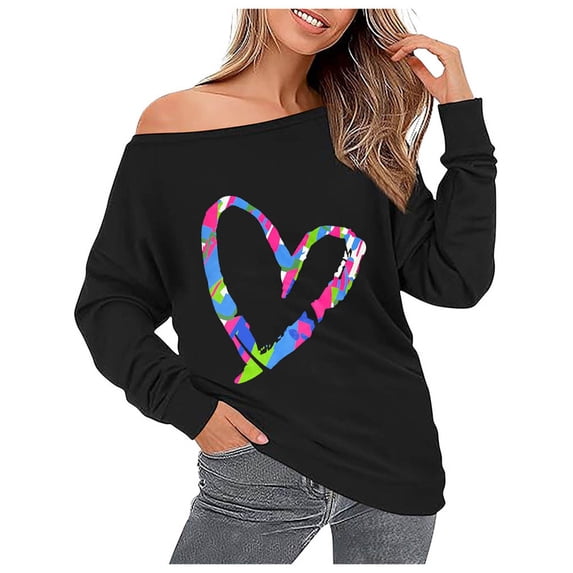 successthop Plus Size Sweatshirts for Women Off Shoulder Oversized Long Sleeve Sweater Fall Pullover Tops Heart Blouses