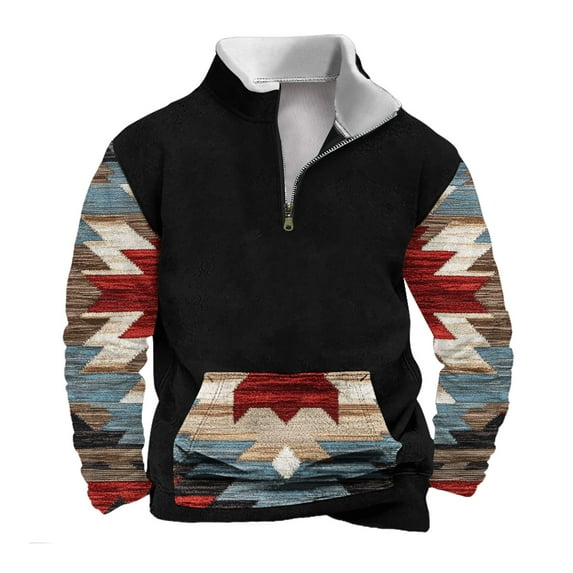 successthop Plus Size Sweatshirts with Pockets Men Quarter Zip Long Sleeve Sweater Pullover Top Vintage Streetwear Black