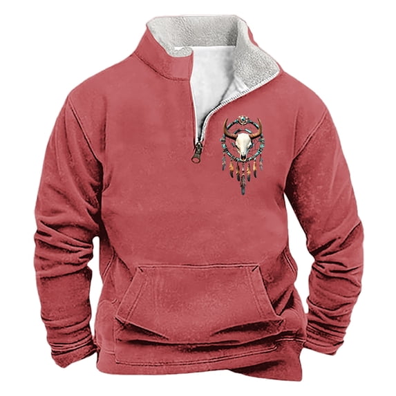 successthop Plus Size Sweatshirts with Pockets Men Quarter Zip Long Sleeve Sweaters Pullover Top Vintage Streetwear Red