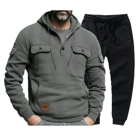 successthop Plus Size Sweatsuits for Men Long Sleeve Button Solid Sweatshirt and Drawstring Slim Joggers with Pockets S